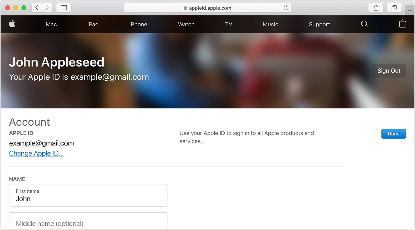 The website appleid.apple.com showing the Change Apple ID button.
